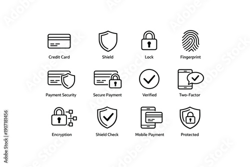 Secure payment icons featuring credit card, shield, lock, fingerprint, and mobile payment symbols