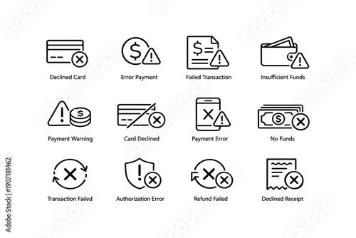 Financial error icons set featuring payment, transaction, and authorization issues