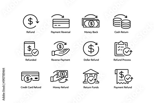 Refund icons: payment reversal, money back, cash return, financial symbols
