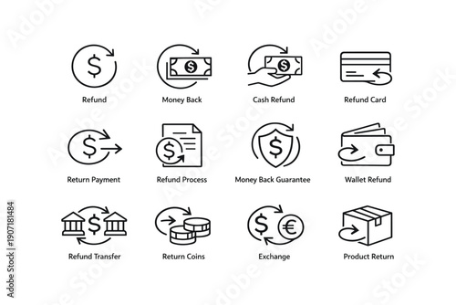 Refund icons set: money back, cash, card, exchange, product return