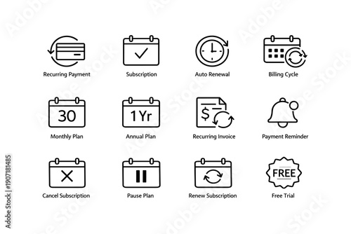 Subscription management icons: recurring payments, auto renewal, billing cycles