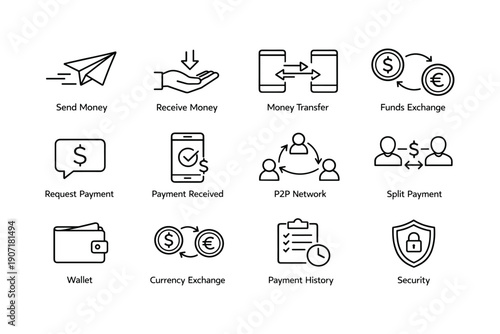 Digital payment and currency exchange icons for financial transactions