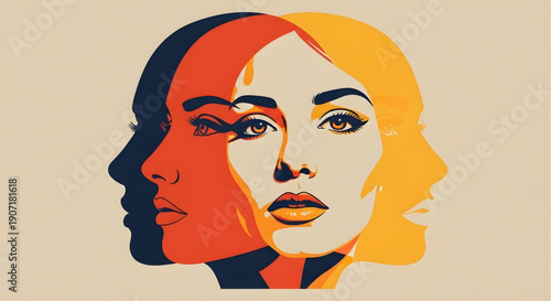 Stunning dual portrait of woman with contrasting colorful faces