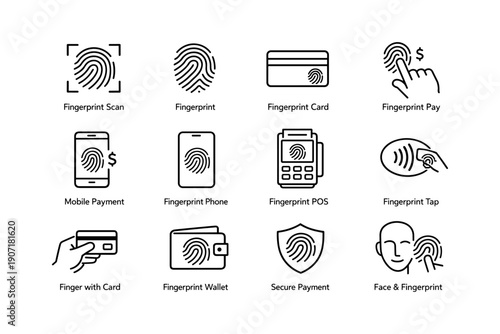 Fingerprint technology icons for secure payment and access systems