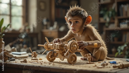 A young monkey inventing a wooden flying machine prototype indoors
