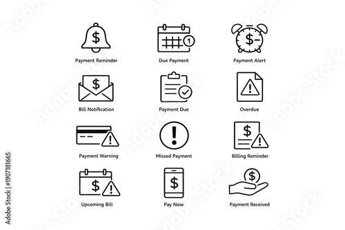Financial icons: payment alerts and billing reminders