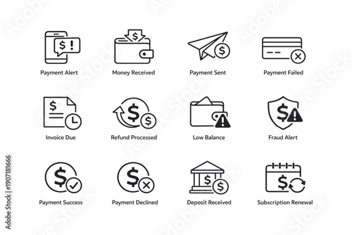 Financial icons set for payment alerts and transactions