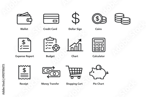 Financial icons: wallet, credit card, dollar sign, coins, expense report, budget, calculator