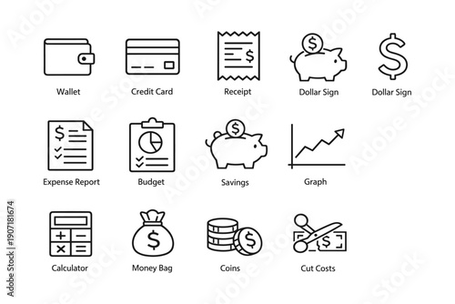 Wallet credit card receipt piggy bank money bag calculator finance icons