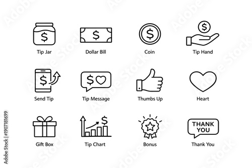 Tip jar and payment icons: dollar, coin, hand, chart, gift, thank you symbols