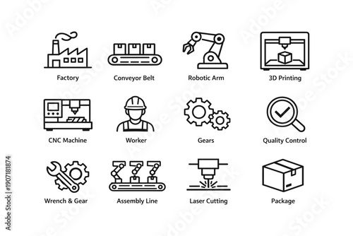 Industrial icons: factory, conveyor, robotic arm, 3d print, cnc, worker, gears, quality control