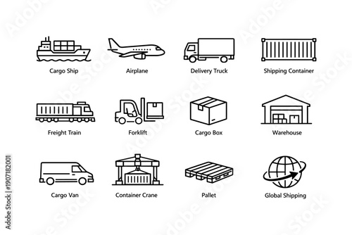Logistics icons set: cargo ship, airplane, delivery truck, and more