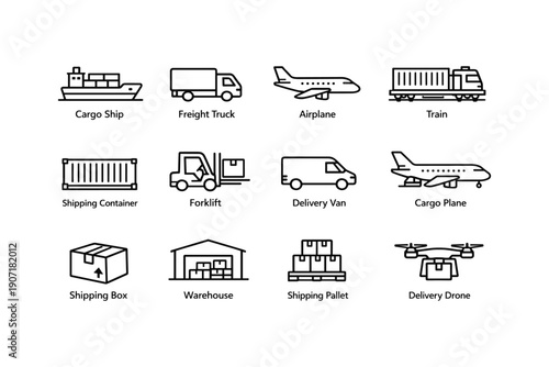 Transport and logistics icons: cargo ship, freight truck, airplane, train, drone, forklift
