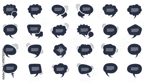 Large collection of dark blue speech bubble icons with various shapes and white lines representing text on a white background.