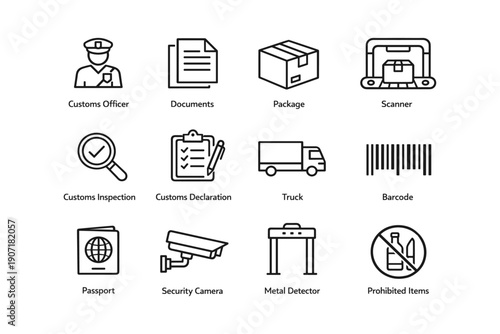 Customs and security icons collection: officer, scanner, inspection, package, security measures