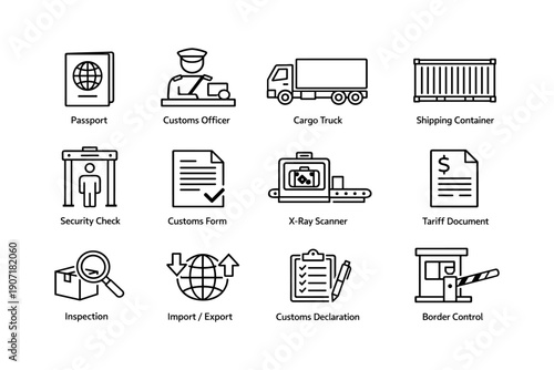 International customs icons: passport, officer, cargo, security, inspection