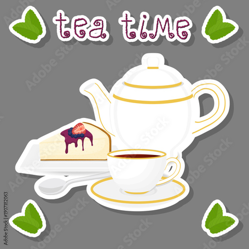 Teakettle for tasty tea with sweet dessert cheesecake,
