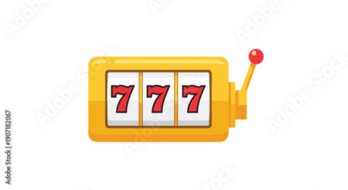 A bright yellow, stylized slot machine with three identical red seven symbols on its reels, indicating a jackpot, with a pull handle.