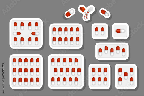 Big colored set different types of pills inside close blister