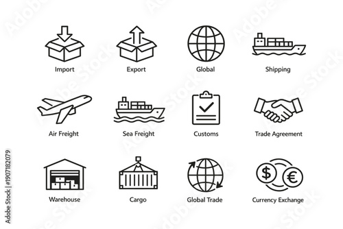 Global trade and logistics: import, export, shipping, air and sea freight icons