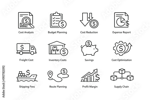 Cost analysis and financial planning icons for budget and savings strategies
