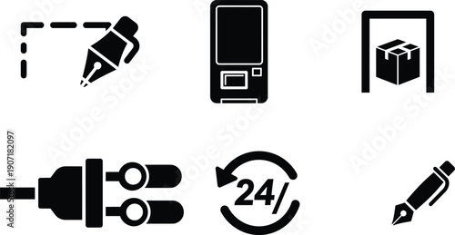 Collection of black icons on white background including pen tool mobile phone package plug 24 hours symbol and fountain pen