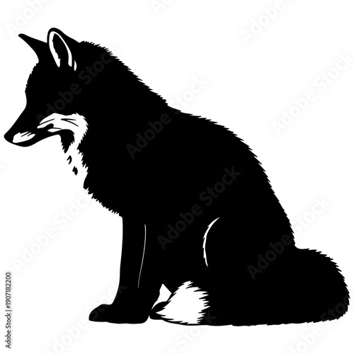 Black Fox Silhouette Sitting - Elegant Wild Animal Illustration