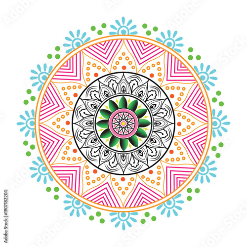 Ornate vector mandala illustration featuring an antique Indian henna tattoo motif with round floral patterns and geometric ornaments for a vintage ceramic plate style