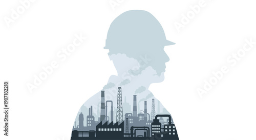 A man's silhouette wearing a hard hat, double exposed with a monochrome industrial factory with smokestacks and smoke.