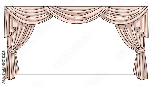 Symmetrical pair of elegant beige curtains with a decorative valance create a frame around a blank white space in the middle.