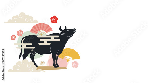 Stylized black silhouette of a cow is decorated with traditional japanese elements like fans and cherry blossom patterns.