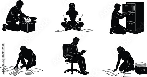 Paperwork silhouette icons, document handling vector illustration, office archive design set, filing organization art flat vector