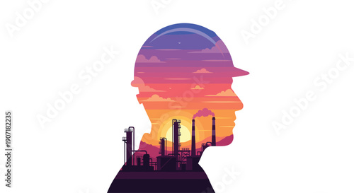 A man's silhouette wearing a hard hat, double exposed with an industrial refinery under a vibrant sunset sky.