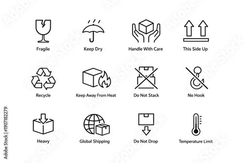 Shipping and handling symbols for package safety and guidance