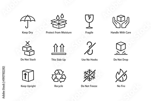 Shipping and handling icons: care, fragile, recycle, no fire, keep upright