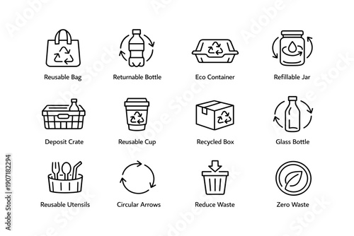Eco-friendly symbols: recycle arrows on bags, bottles, containers, and utensils