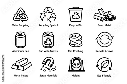 Recycling icons collection: bins, arrows, cans, scrap, eco friendly