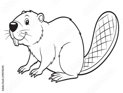 A cartoon beaver with a big smile and a flat tail