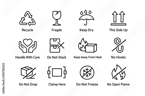 Shipping and handling icons: recycle, fragile, keep dry, this side up, handle with care