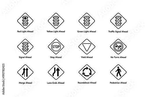 Traffic sign icons: signals, directions, and warnings for optimal road navigation
