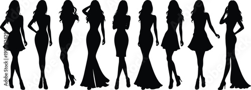 Fashion women silhouettes in elegant dresses and high heels, showcasing feminine poses, glamour style, beauty, confidence, and modern runway inspired female fashion illustration collection