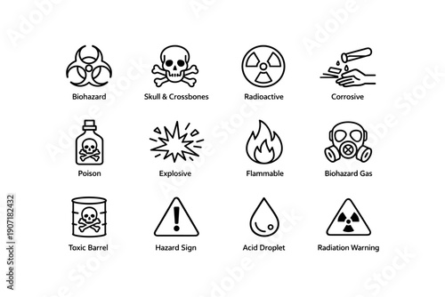 Hazard symbols: biohazard, radioactive, poison, and more safety icons