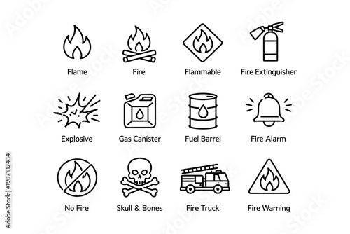 Fire safety icons set: flame, extinguisher, alarm, warning signs