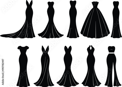 Elegant evening gown silhouettes collection featuring long dresses and formal wear designs, showcasing fashion illustration styles for bridal, party, luxury couture, and runway inspiration