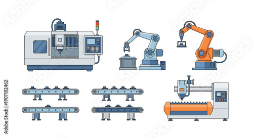 Industrial automation equipment set on white, featuring a CNC machine, two robotic arms, and modular conveyor belt components.