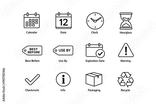 Calendar, date, clock, hourglass, best before, use by, expiration, warning symbols