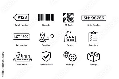 Batch and serial number icons: inventory, tracking, factory, and quality management symbols