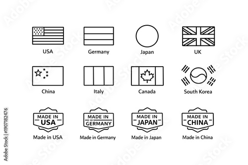 International product labels: usa, germany, japan, uk, china, italy, canada, south korea