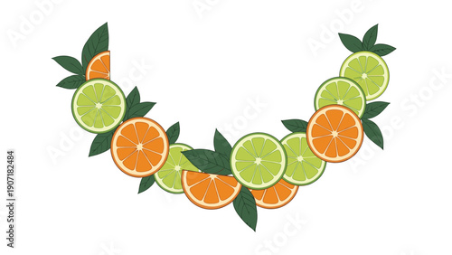 Semi circular arrangement of fresh lime and orange slices with green mint leaves is presented on a plain white background.