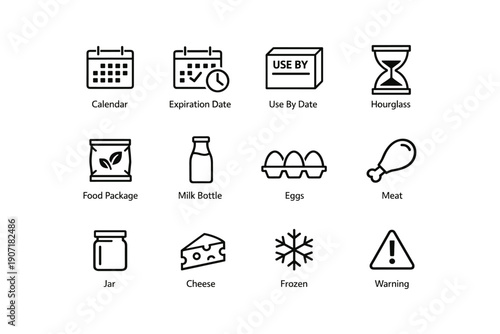Icon set representing expiration dates and food packaging